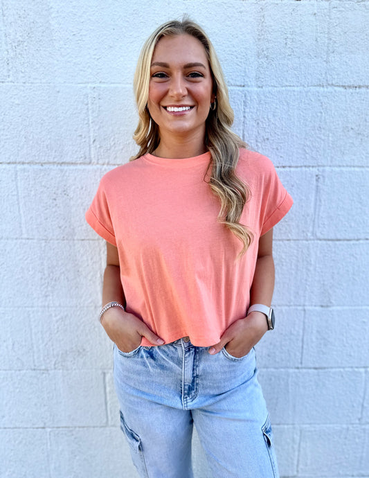 Late Night Talking Folded Sleeve Top Coral