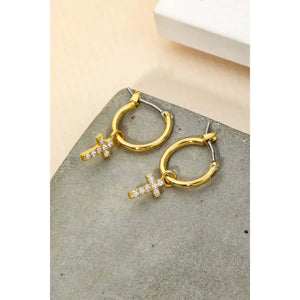 Pave Cross Hoop Huggie Earrings Gold