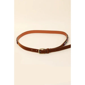 Embroidered Beaded Pattern Faux Leather Belt