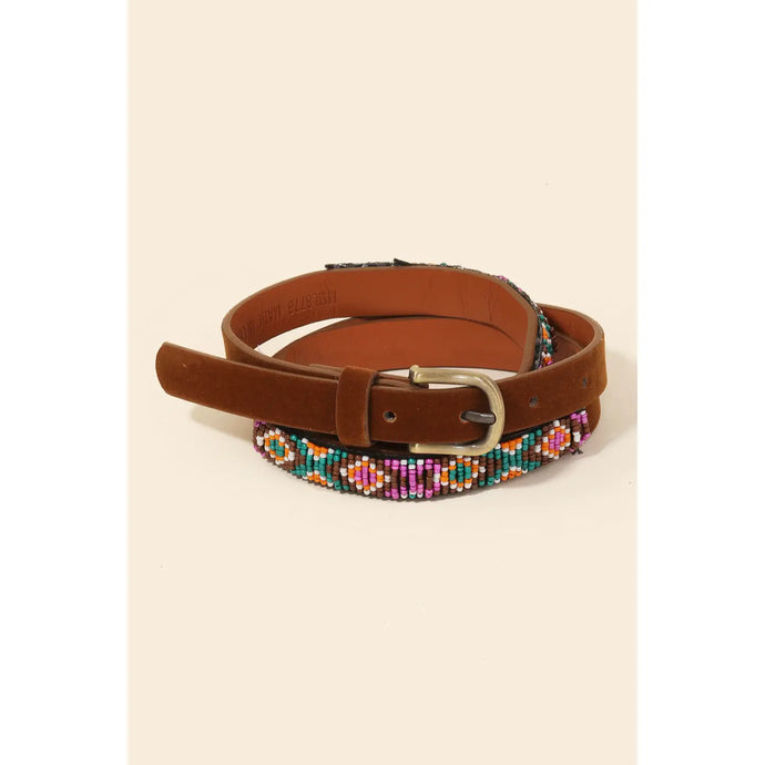 Embroidered Beaded Pattern Faux Leather Belt