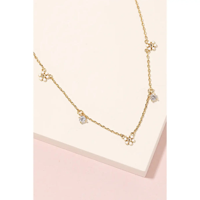 Dainty Chain Flower Charm Necklace White