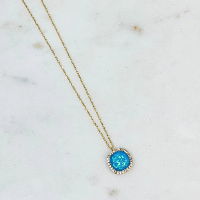 Gold Dipped Shimmering Stones Pendant Necklace Blue