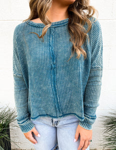 Too Into You Waffle Long Sleeve Top Teal