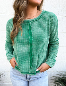 Too Into You Waffle Long Sleeve Top K Green