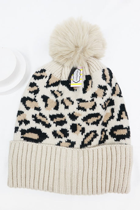 Keep It Up Leopard Print Pom Beanie Beige