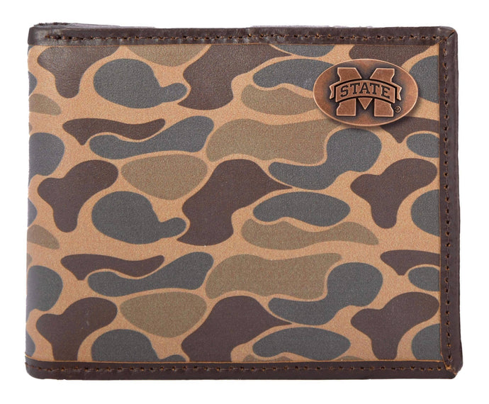 Mississippi State Bulldogs Bifold Old School Camo Leather Wallet: Brown/Tan