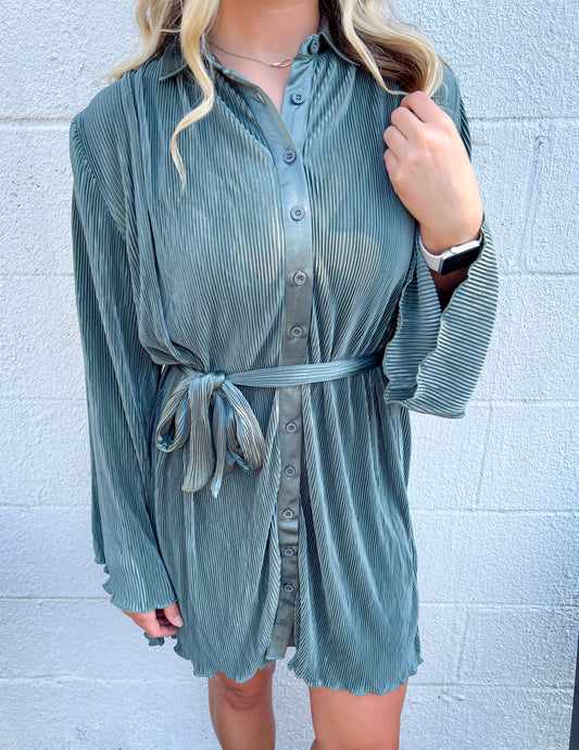 Pretty Little Poison Pleated Button Down Shirt Dress Olive