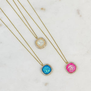 Gold Dipped Shimmering Stones Pendant Necklace Blue