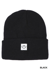 All Smiles Smiley Face Patch Beanie in Black