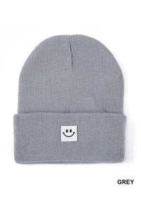 All Smiles Smiley Face Patch Beanie in Grey