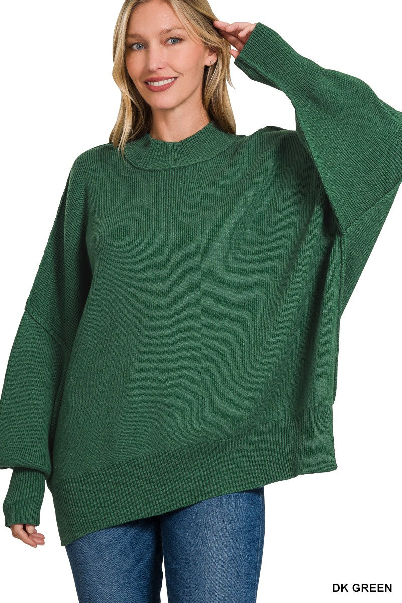 Start The Flame Side Slit Oversized Sweater in DK Green
