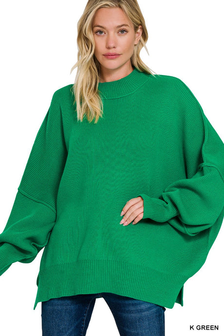 Start The Flame Side Slit Oversized Sweater in K Green
