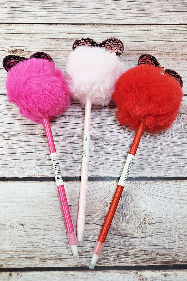 Heart Sequin Pom Pom Pen Fuchsia