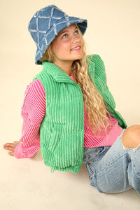 Our Best Bet Padded Corduroy Puffer Vest in Green