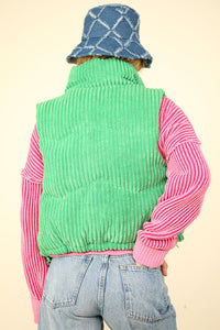 Our Best Bet Padded Corduroy Puffer Vest in Green