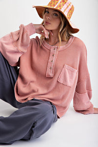 A Heart Like Mine Terry Knit Henley Top in Dusty Rose