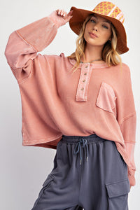 A Heart Like Mine Terry Knit Henley Top in Dusty Rose