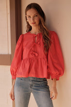 Load image into Gallery viewer, Happy Accidents Bow Peplum 3/4 Sleeve Blouse in Red