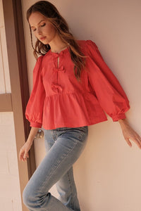 Happy Accidents Bow Peplum 3/4 Sleeve Blouse in Red