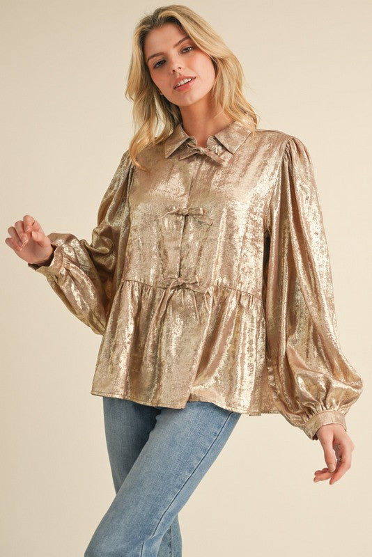 Dreams Come True Metallic Baby Doll Blouse