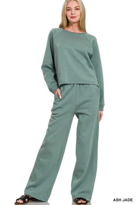 With A Smile Fleece Pullover & Sweatpants Set in Ash Jade