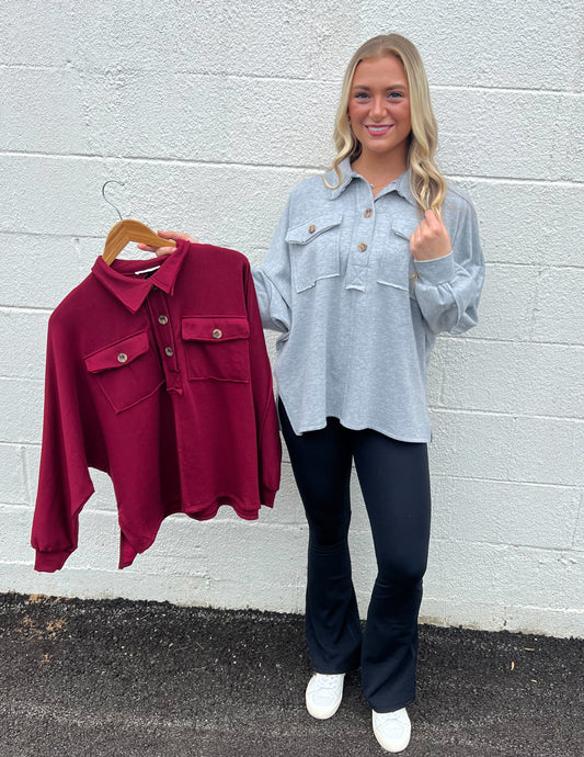 Busy Days Ahead Oversized Henley Top Burgundy