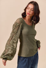 Load image into Gallery viewer, Yesterday Rib Knit Top with Lace Balloon Sleeves in Lt. Olive