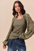 Load image into Gallery viewer, Yesterday Rib Knit Top with Lace Balloon Sleeves in Lt. Olive