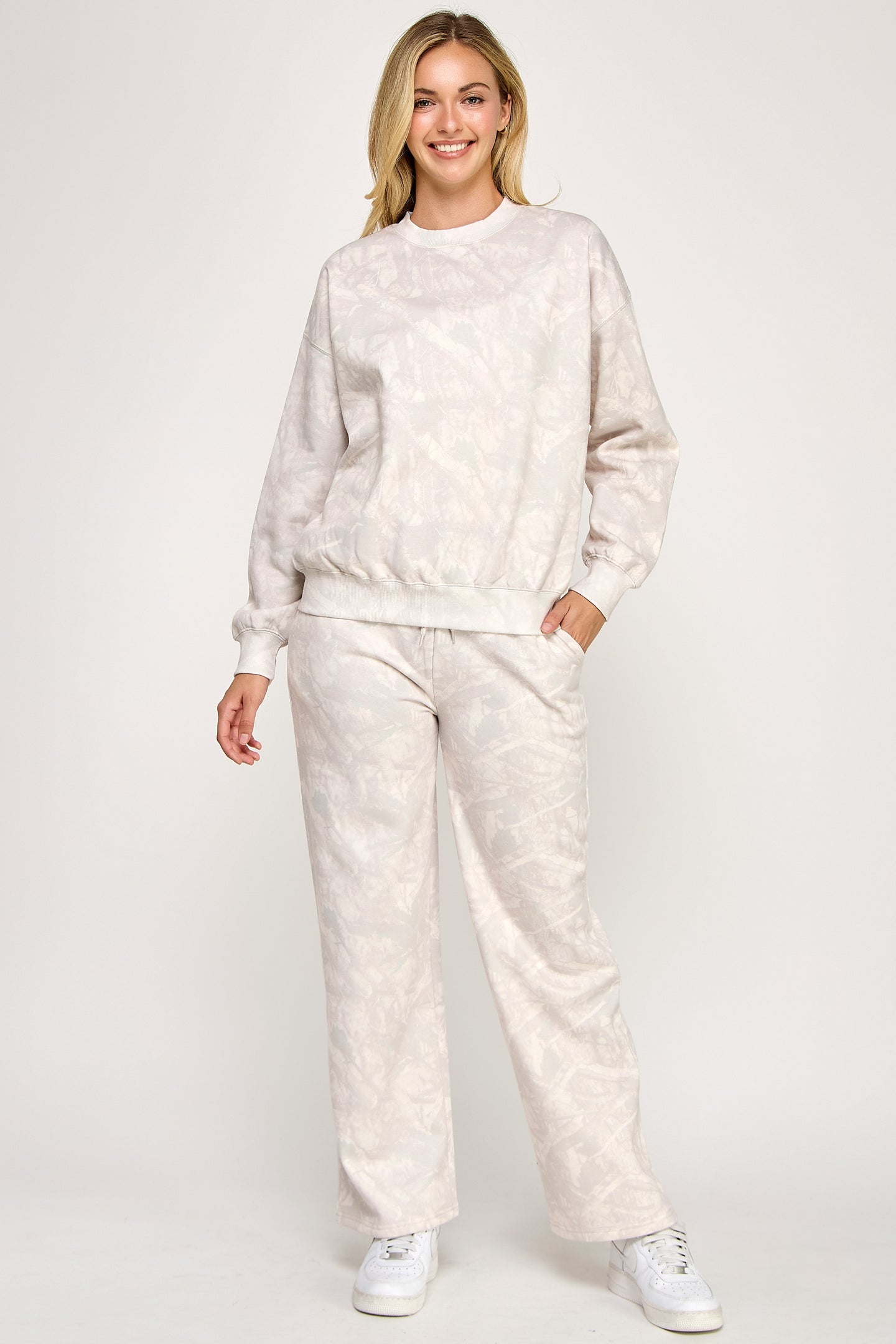 First Things First Fleece Mid Rise Pants in Beige Camo