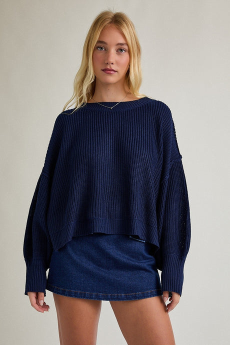 Feeling Lost Pullover Sweater Mock Neckline in Navy