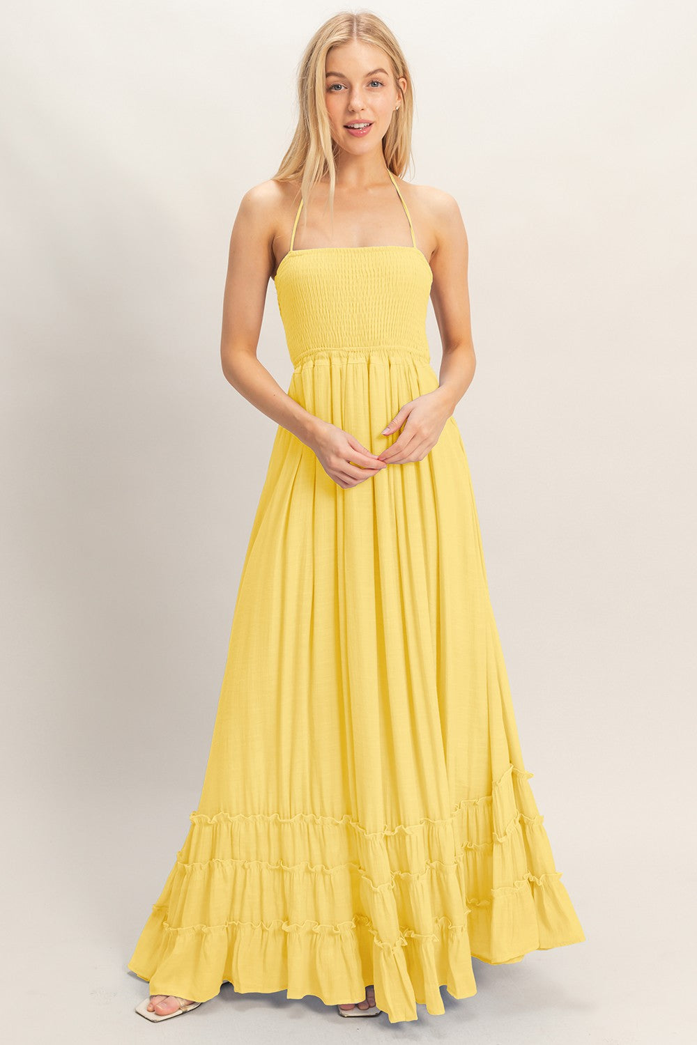 Not Doing Good Without Smocked Halter Maxi Dress-Lt Yellow