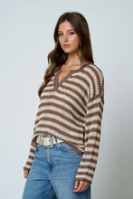 Load image into Gallery viewer, Trying To Find Stripe Split Neck Sheer Knit Sweater in Mocha