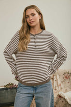 Load image into Gallery viewer, Be Mine Button Henley Stripe LS Sweater in Mocha