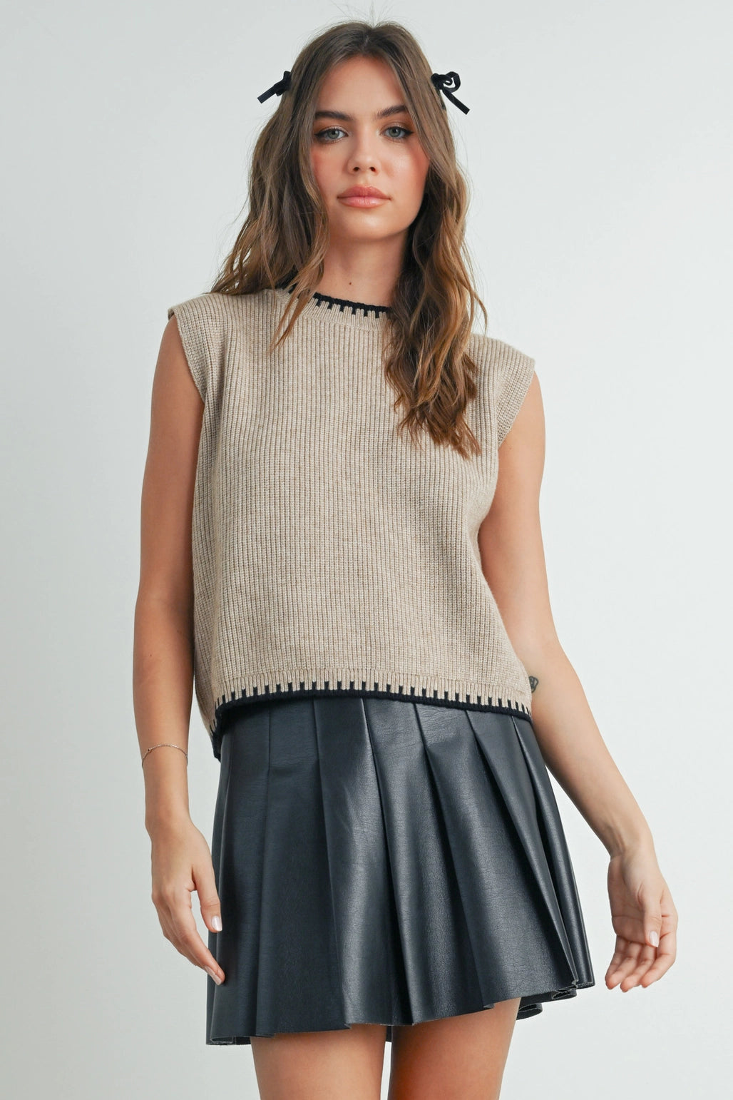 We Made It Ribbed Sweater Vest With Bow Detail