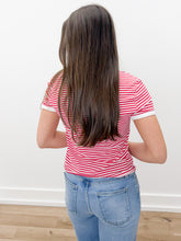 Load image into Gallery viewer, Up To Something Striped Contrast Trim Tee in Ruby