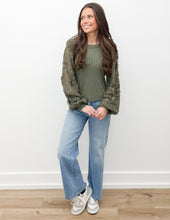 Load image into Gallery viewer, Yesterday Rib Knit Top with Lace Balloon Sleeves in Lt. Olive