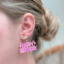 Load image into Gallery viewer, Hot Pink Happy Birthday Sparklers Dangle Earrings