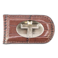 Christian Cross Leather Magnetic Money Clip-Croc Brown