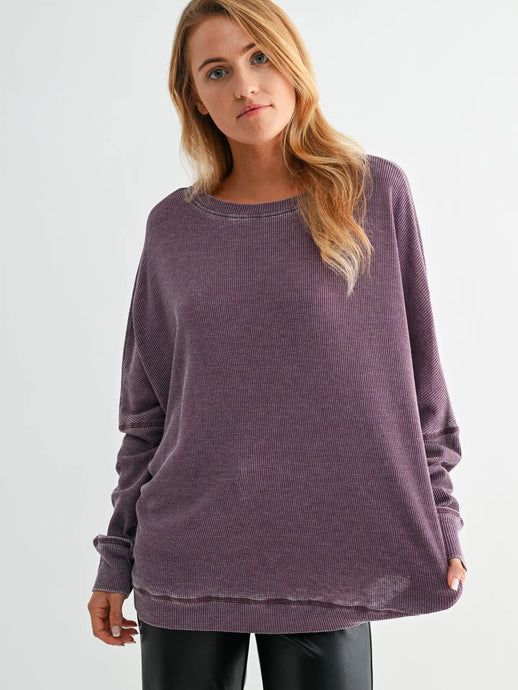 Living For Today Ribbed Waffle Pullover in Dark Plum