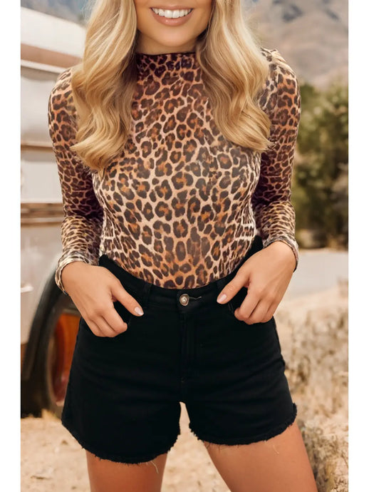 It's Beautiful Leopard Mock Neck Mesh LS Top