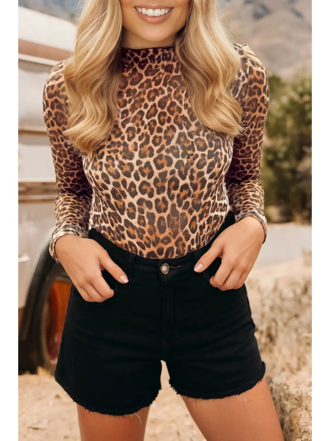 It's Beautiful Leopard Mock Neck Mesh LS Top