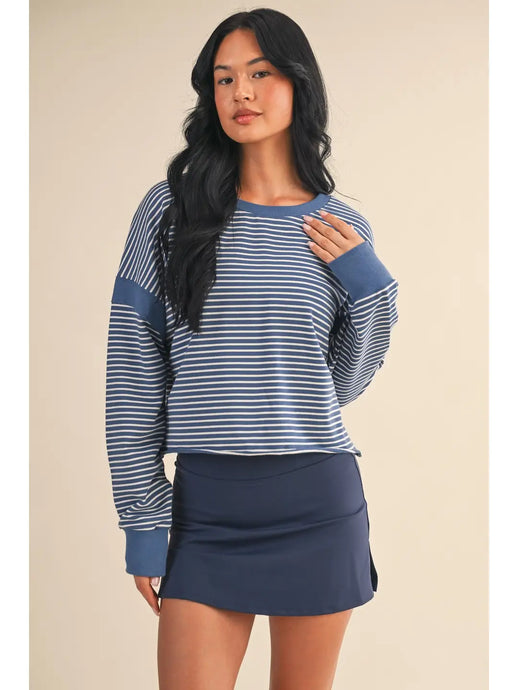 Seems Like Yesterday Striped Cutout Back Sweatshirt in Blue/White