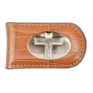 Christian Cross Leather Magnetic Money Clip-Croc Tan