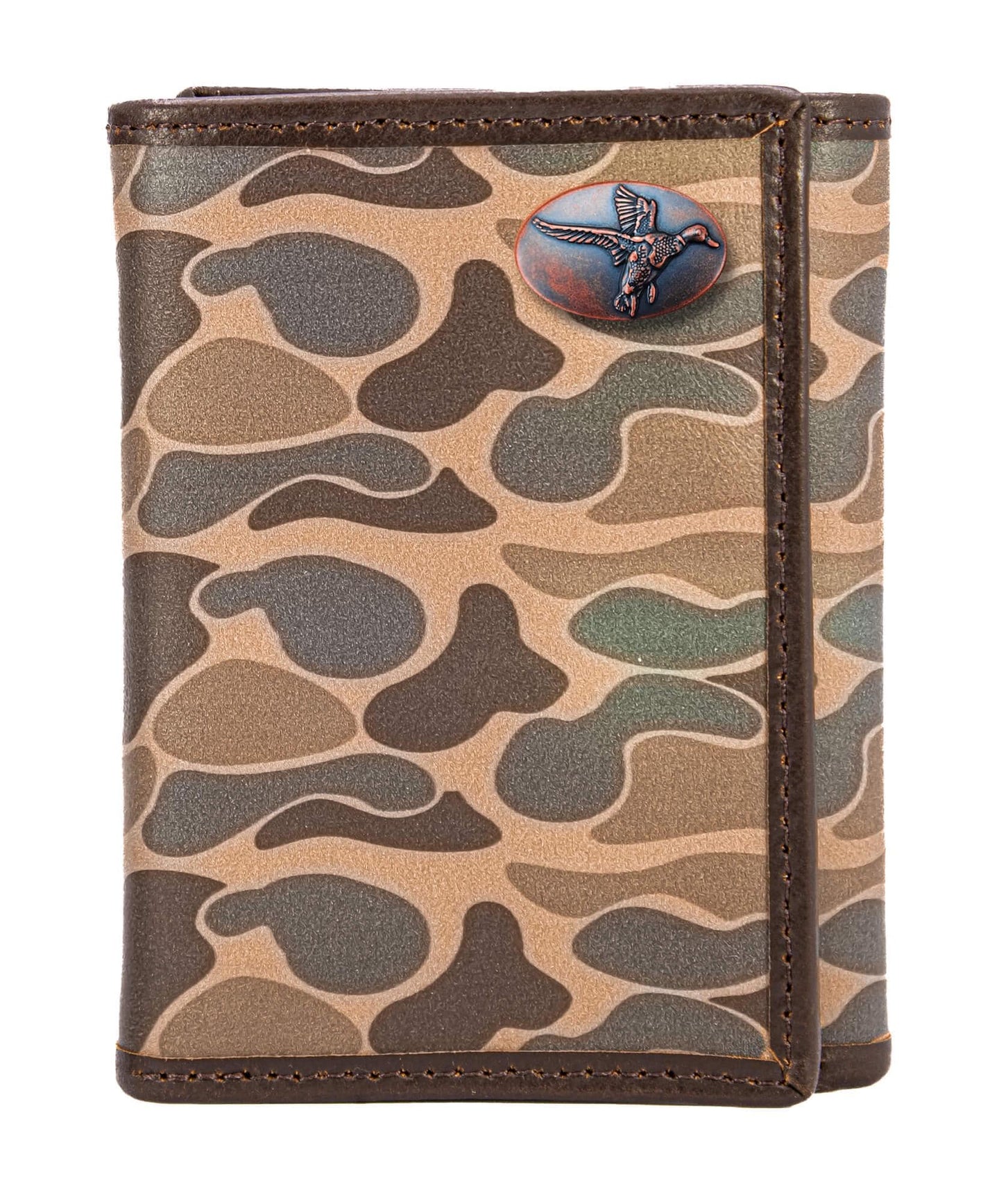 Mallard Men's Trifold Old School Camo Leather Wallet: Brown/Tan Camp