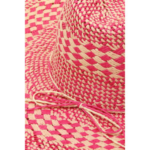 Checkered Straw Weave Sun Hat Fuchsia