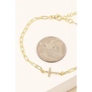 Pave Cross Charm Chain Bracelet Silver