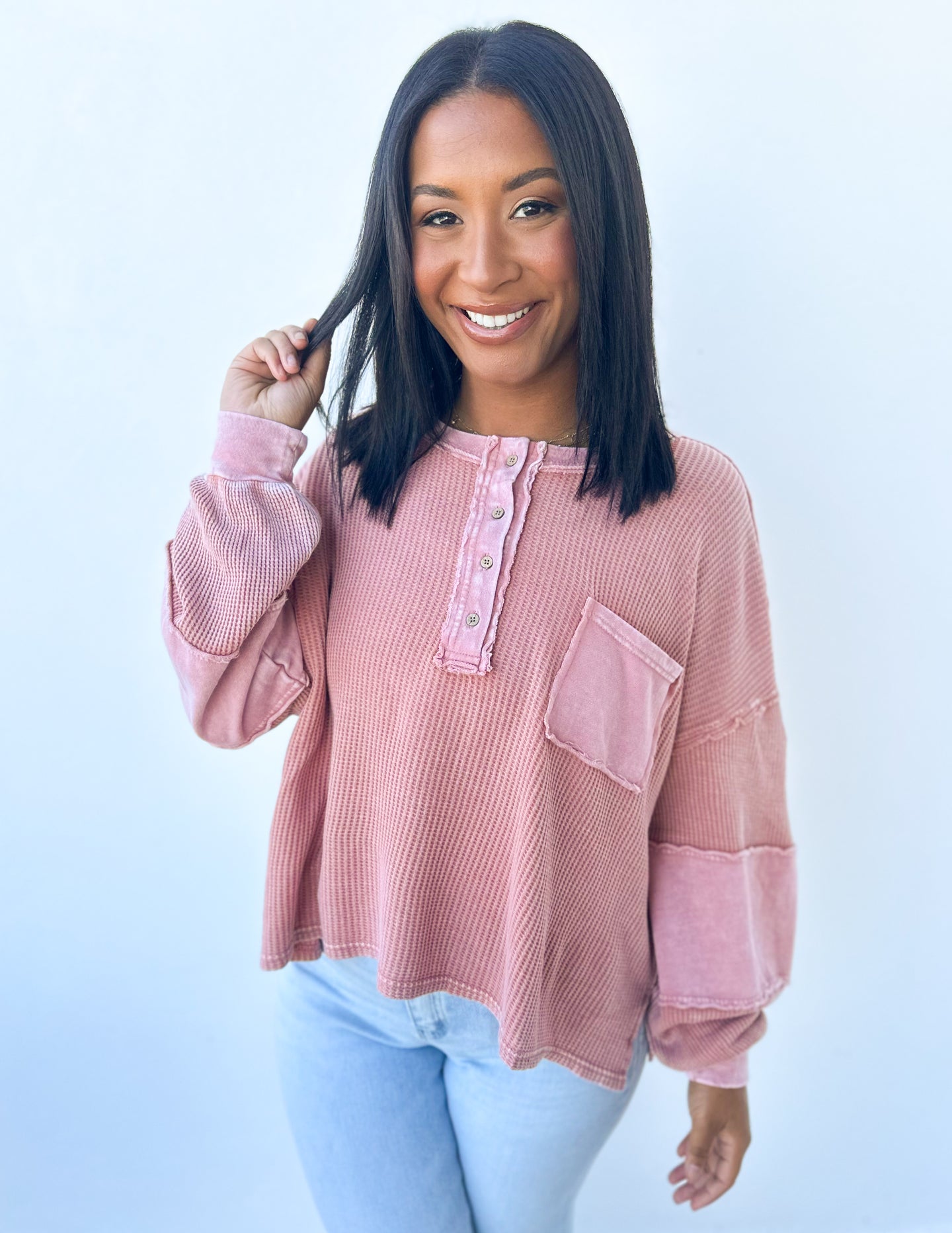 A Heart Like Mine Terry Knit Henley Top in Dusty Rose