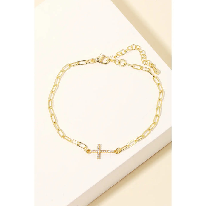 Pave Cross Charm Chain Bracelet Gold