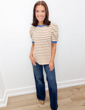 Load image into Gallery viewer, Don't Blame Me Striped Puff Sleeve Top in Brown