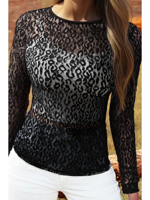 Wonderland Black Leopard Pattern Sheer Mesh LS Top